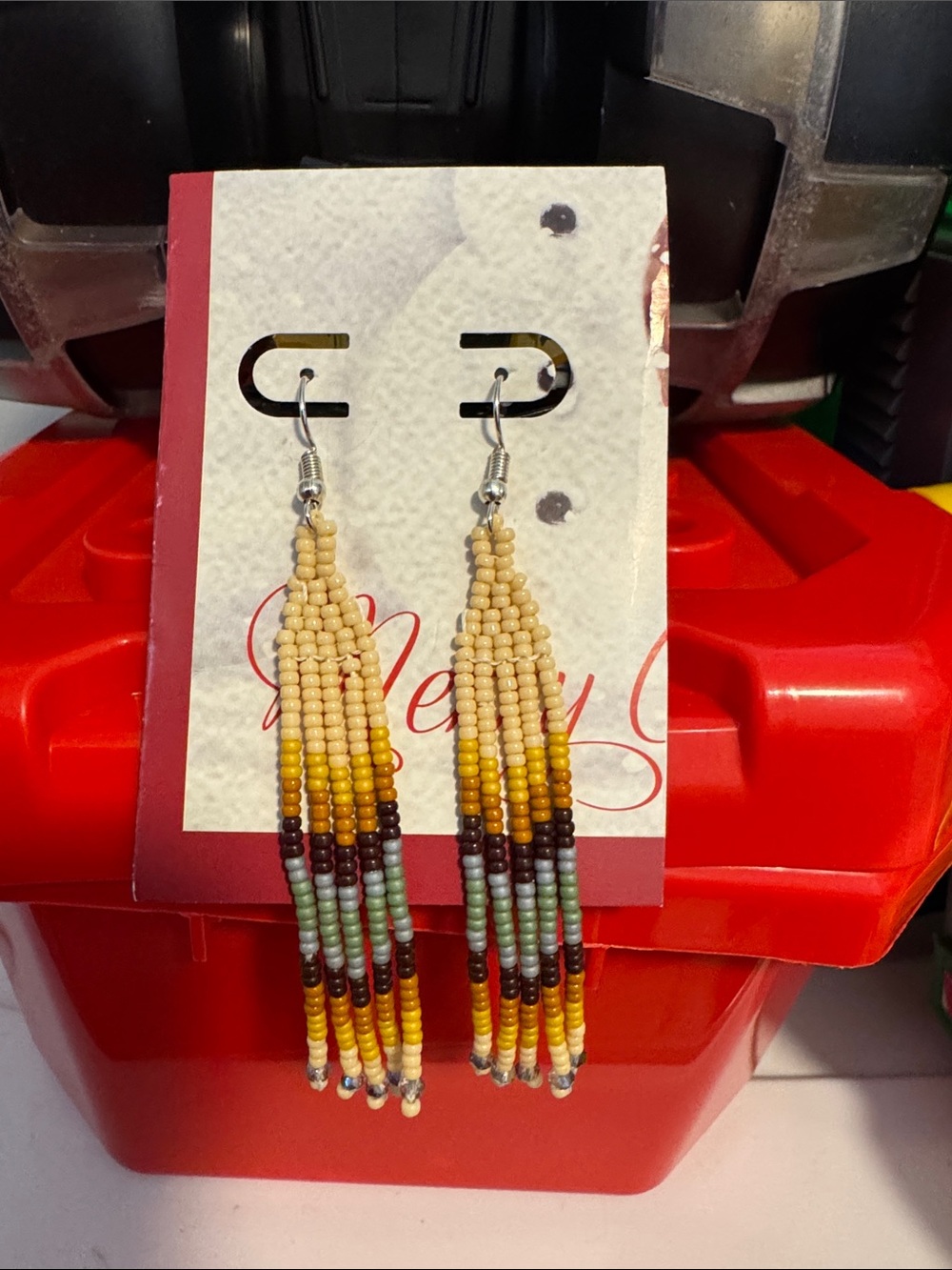 Handmade Beaded Fringe Earrings – Cream, Yellow, Brown, Dusty blue & Sage